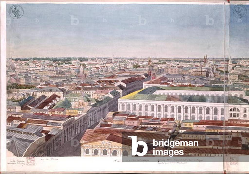 Panorama of Moscow, depicting the former market square and Stock Exchange in Gostiny Dvor, 1819 (w/c on paper) (see 170139-170146)