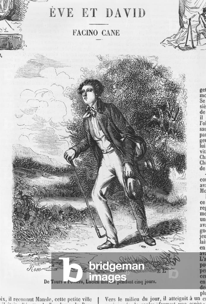 From Tours to Poitiers, Lucien de Rubempre walking for five days, illustration from 'Les Illusions perdues' by Honore de Balzac (engraving) (b/w photo)