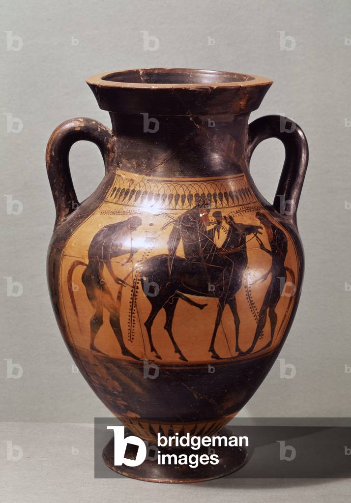 Attic black, figure amphora depicting Dionysus on a mule and two Silenes, c.510 BC (ceramic)