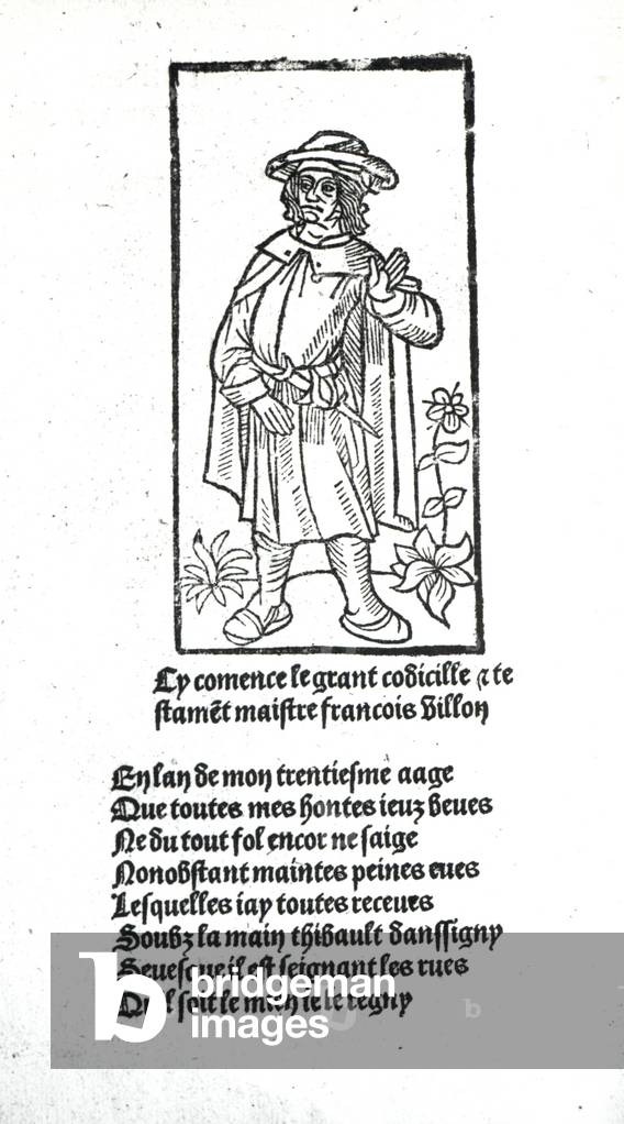 Francois Villon, da 'Oeuvres' (f.1v) di Francois Villon, pubblicato. 1489 (xilografia)