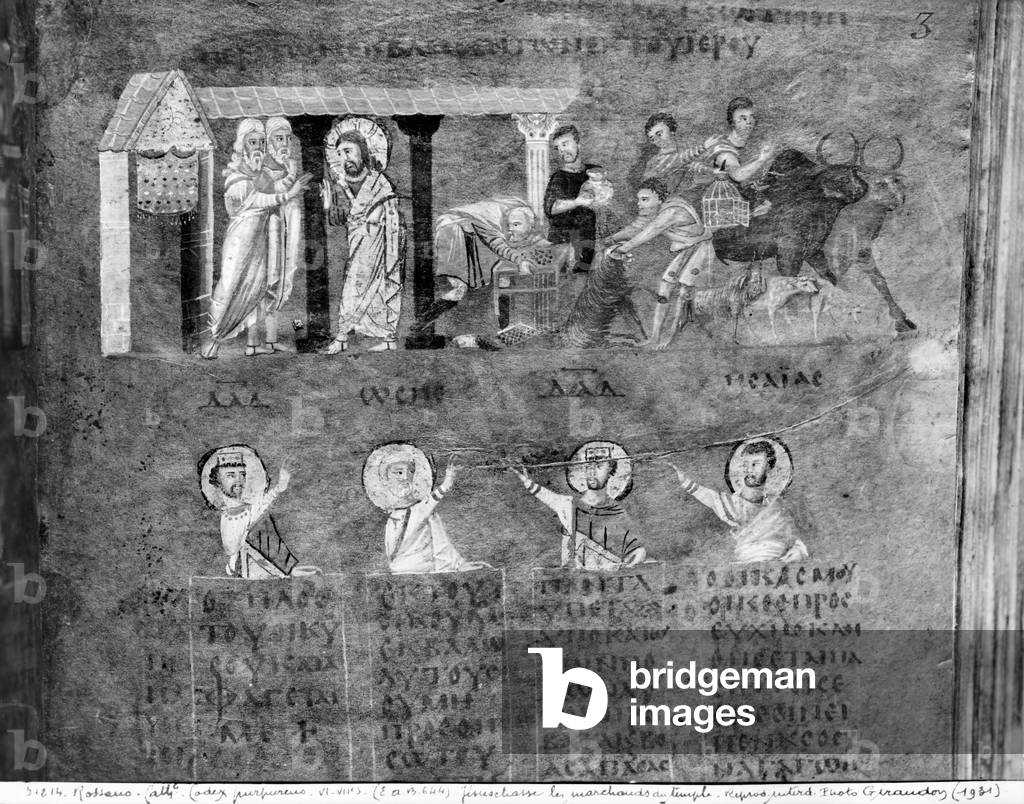 Ms EAB 664 Jesus driving the merchants from the Temple, from the 'Codex Purpureus' (vellum) (b/w photo)