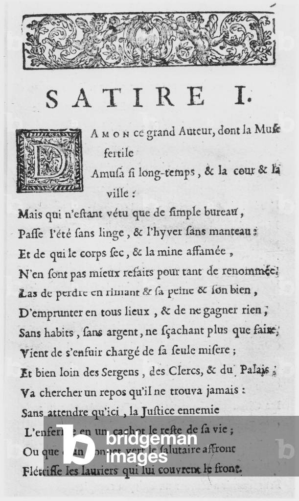 First page of 'Satires' by Nicolas Boileau, known as Boileau-Despreaux, published in 1685 (engraving)