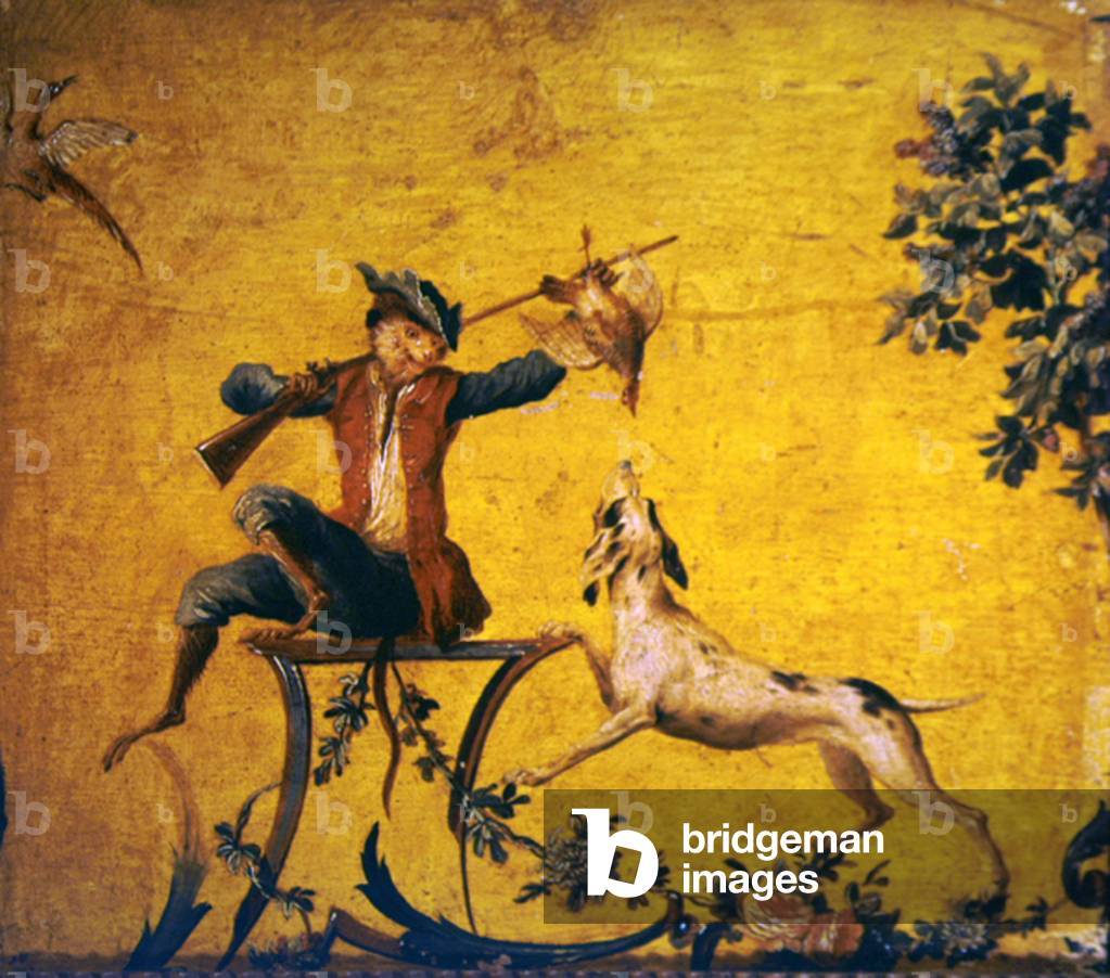 Monkey hunter and hunting dog (painted wood)