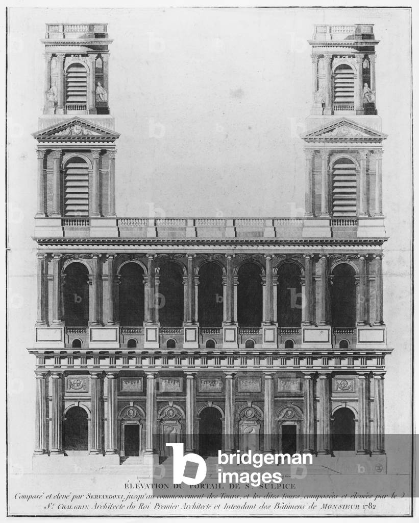 Church of Saint-Sulpice, elevation of the facade, Paris, 1782 (engraving) (b/w photo)