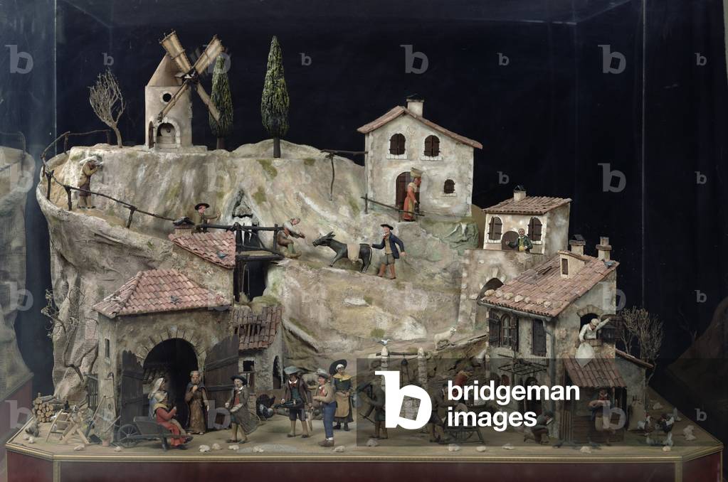 Mechanical village scene (mixed media)