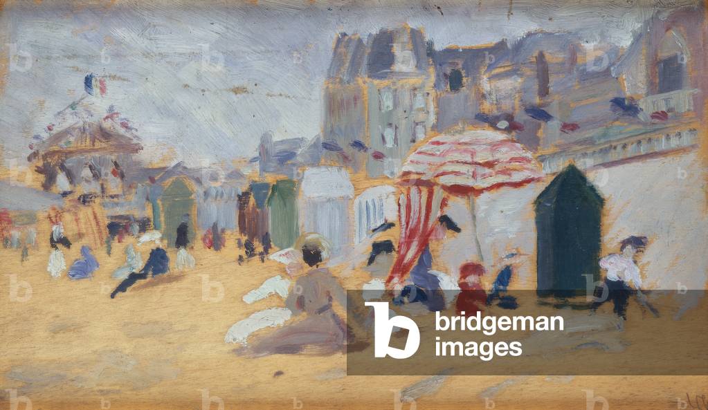 Immagine di Dipinto "Ombrelloni e cabine sulla spiaggia (olio su tela)" di Rene Francois Xavier Prinet