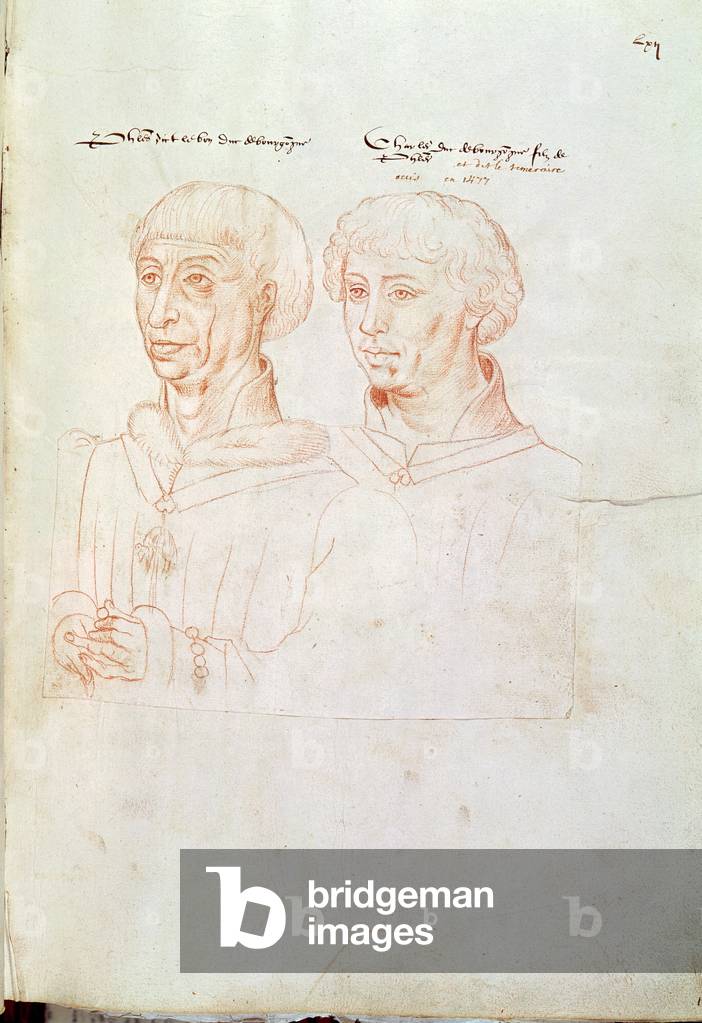 Ms 266 f.61 Philip III the Good (1396-1467) Duke of Burgundy and his son, Charles the Bold (1433-77) from the 'Recueil d'Arras' (red chalk on paper)
