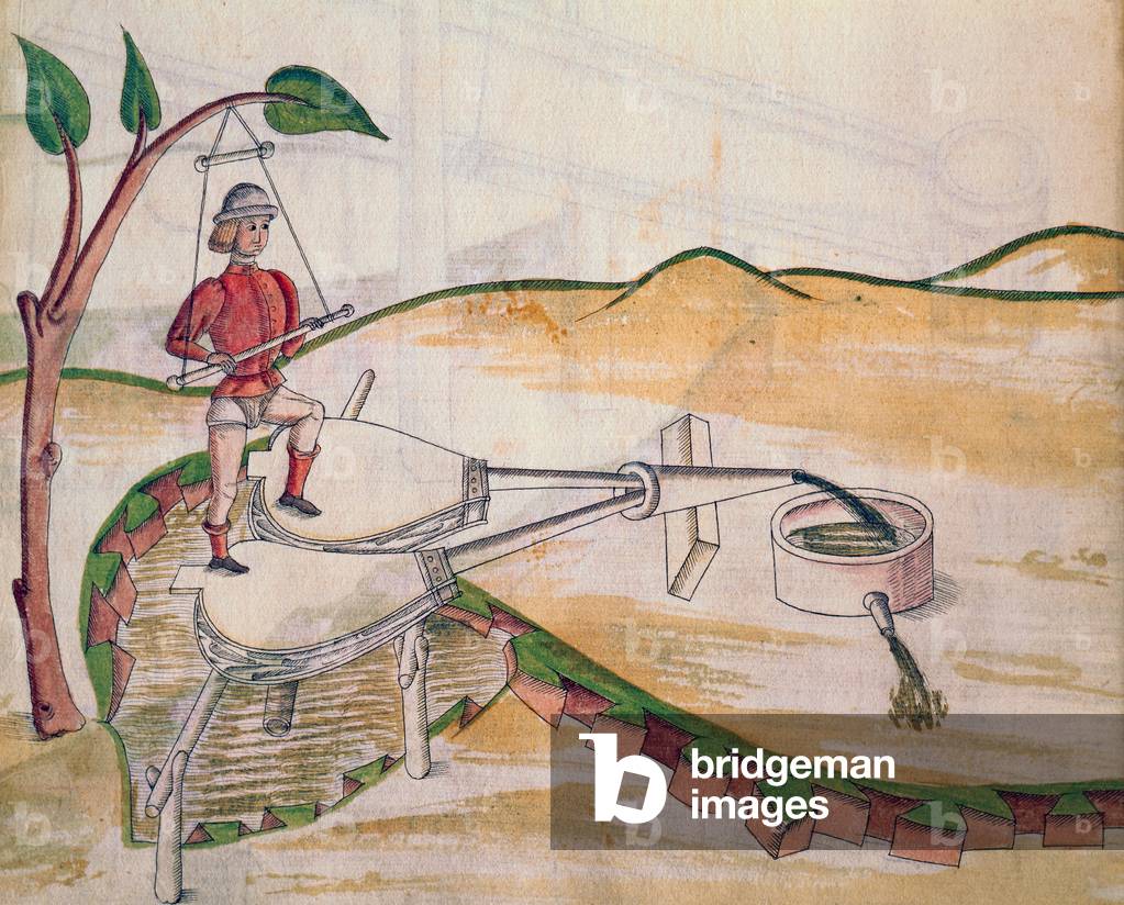 Diagram of a pump worked by means of bellows, illustration from 'De Machinis' (pen and ink and w/c on paper)