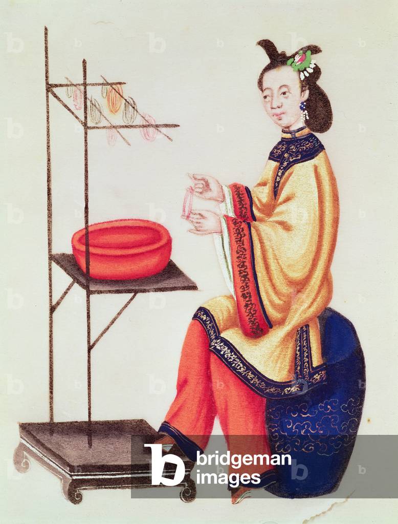 A Chinese Woman making a bobbin, Qianlong Period (1736-96) (gouache on paper)
