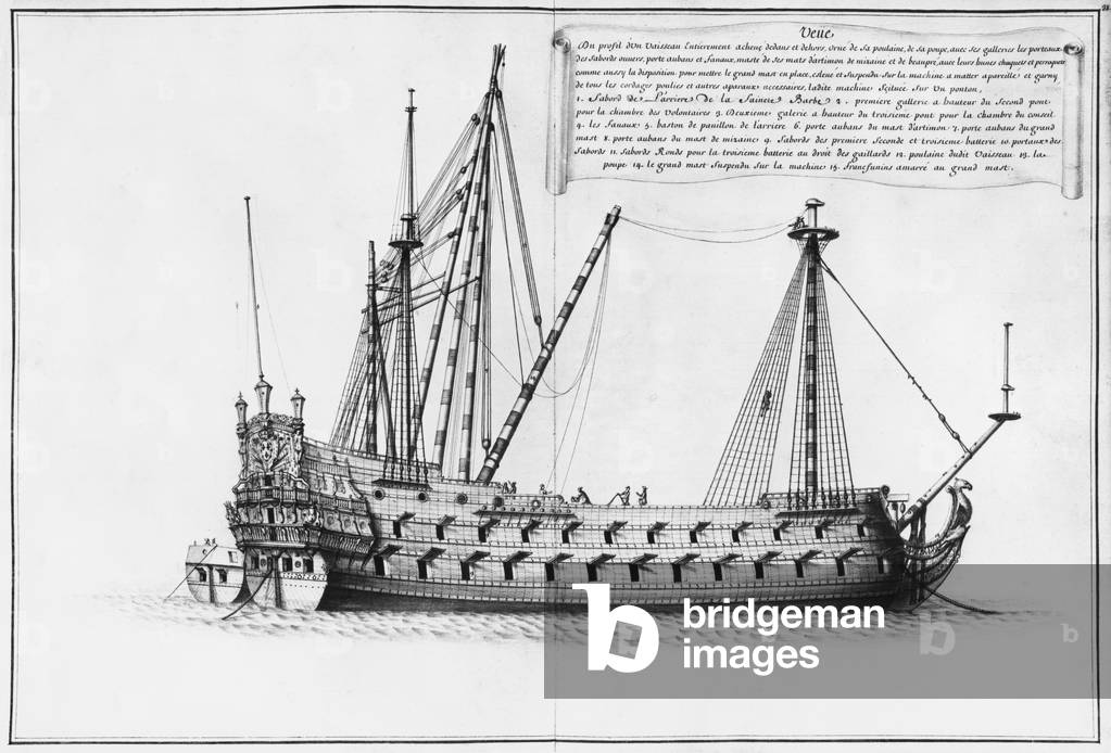 Profile of an inside and outside fully completed vessel, illustration from the 'Atlas de Colbert', plate38 (pencil & watercolour on paper)