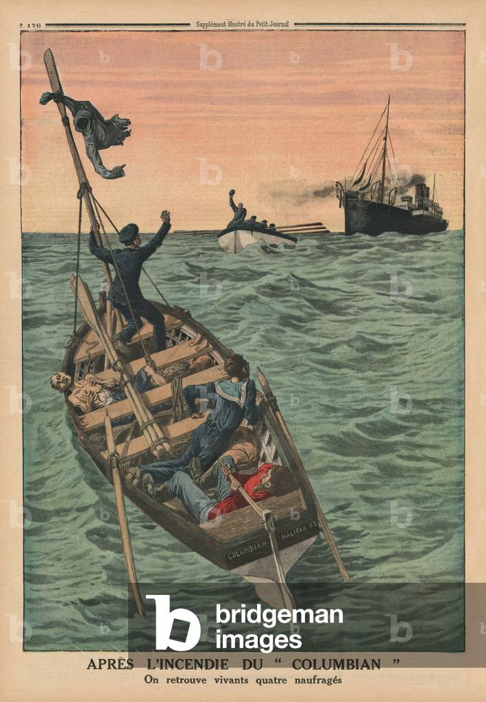 After the fire of the Columbian, four shipwrecked persons are found alive, back cover illustration from 'Le Petit Journal', supplement illustre, 31st May 1914 (lithograph)