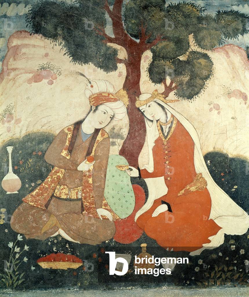 Scene galante from the era of Shah Abbas I, 1585-1627 (fresco) (detail)