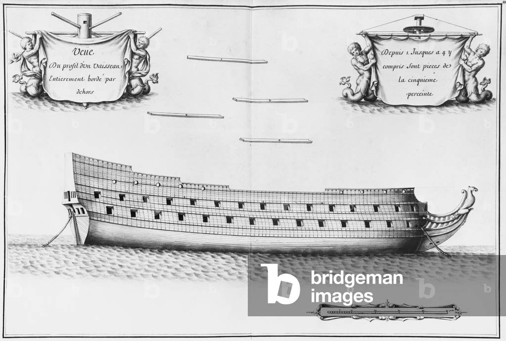 Profile of an entirely planked vessel, illustration from the 'Atlas de Colbert', plate 35 (pencil & w/c on paper) (b/w photo)