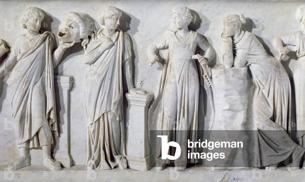 Sarcophagus of the Muses, detail of Thalia, Erato, Euterpe and Polyhymnia, c.160 AD (marble)