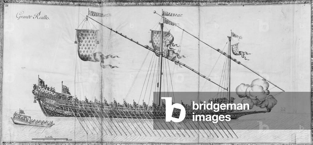A galley, flat 35, illustration from 'Demonstrations of all the pieces of wood, nails and ferremens that fit into the construction of a galley...' (pencil & watercolour on paper)