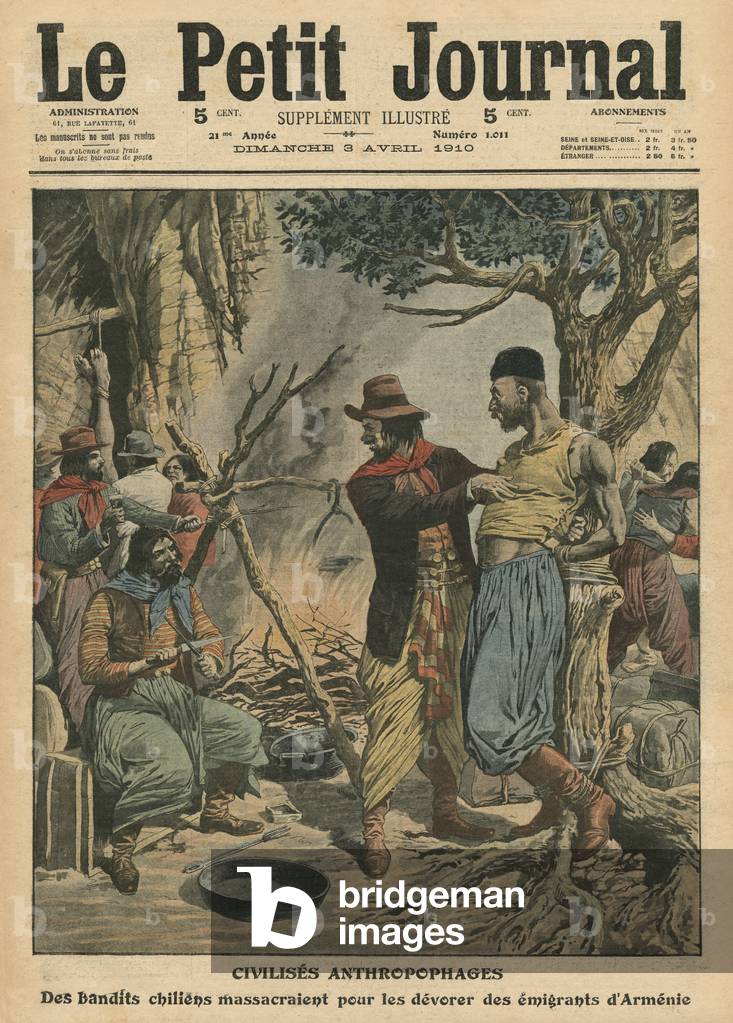 Chilean bandits devouring Armenian emigrants, illustration from 'Le Petit Journal', supplement illustre, 3rd April 1910 (colour litho)