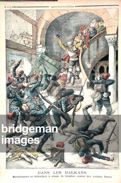 In the Balkans: Macedonians defending themselves with bombs against Turkish Soldiers, illustration from 'Le Petit Journal', 27th September 1903 (colour engraving)