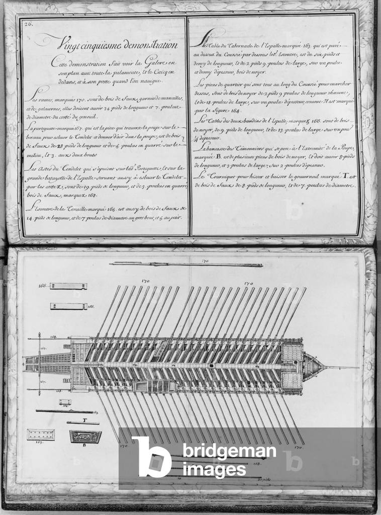 Plan of a galley, twenty-fifth demonstration, plate 26, illustration from 'Demonstrations de toutes les pieces de bois, cloux et ferremens qui entrent dans la construction d'une galere...' (pencil & watercolour on paper)
