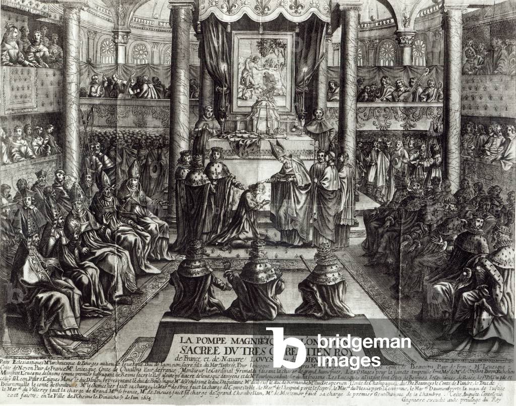 Unzione di Luigi XIV (1638-1715) a Reims il 7 giugno 1654 (incisione) (foto in b/n)