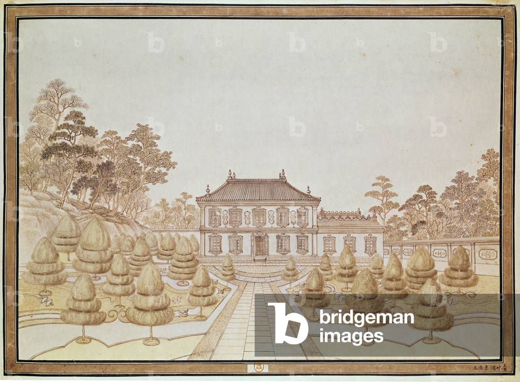 One of the 36 Palaces of the Emperor at Yuen Ming Yuen, built by Benoit in 1750 (coloured engraving)