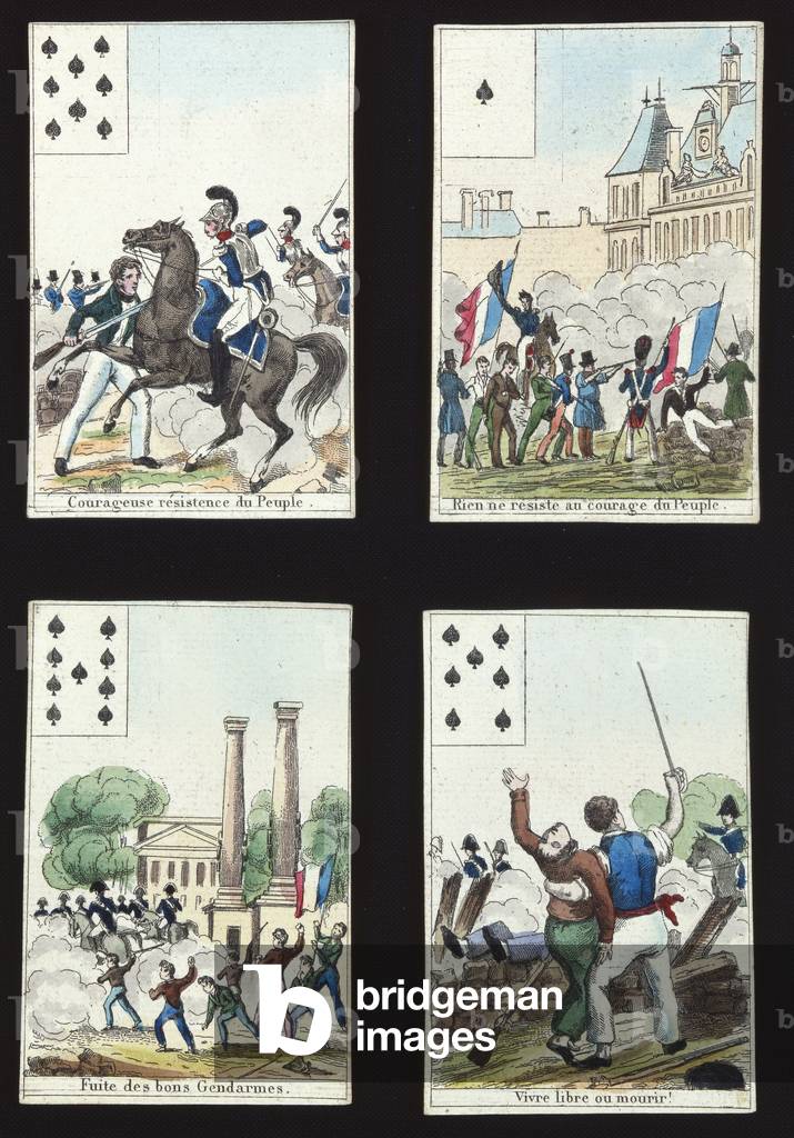 Four cards from a pack illustrated with propaganda scenes from the 1830 Revolution, Paris, 1831 (coloured engraving)