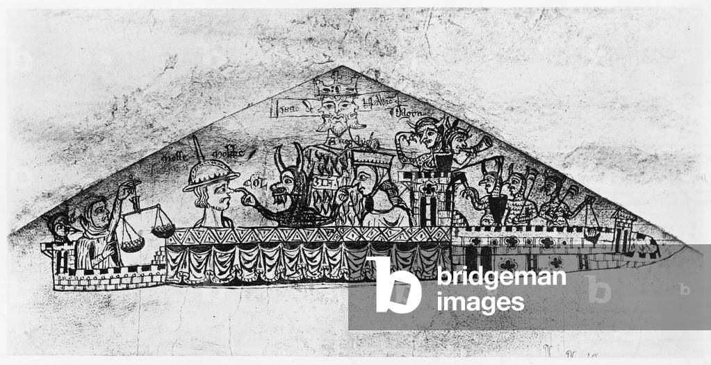 Caricature of English Jews, from a Haggadah, 12th-13th century (b/w photo)