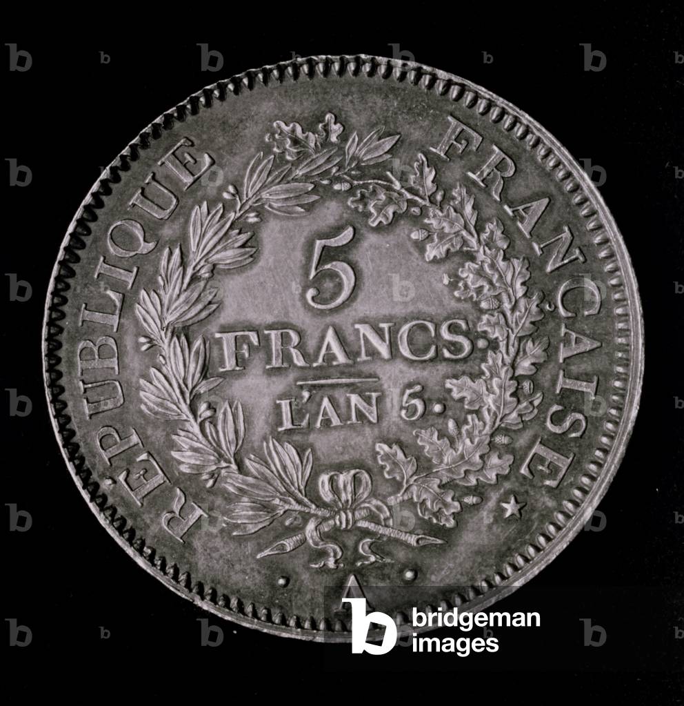 A pound of twenty sols, equivalent to the first franc of the First Republic (obverse) (metal) (b/w photo)