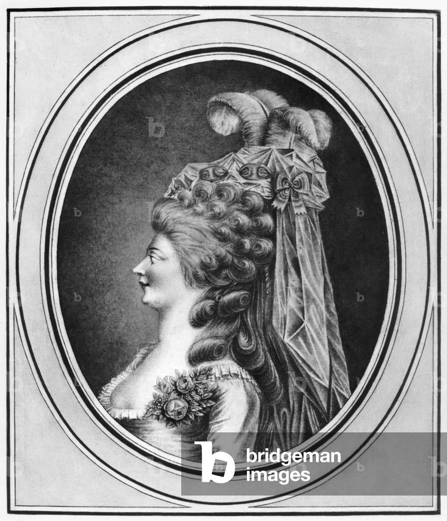 Louise Contat de Parny (1760-1813) in the role of Suzanne in 'The Marriage of Figaro' by Pierre Augustin Caron de Beaumarchais (1732-99) (engraving) (b/w photo)