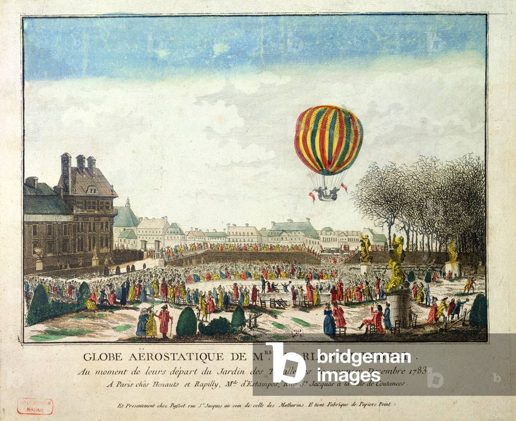 The Flight of Jacques Charles (1746-1823) and Nicholas Robert (1761-1828) from the Jardin des Tuileries, 1st December, 1783 (coloured engraving)