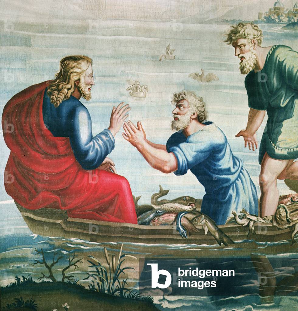 Tapestry depicting the Acts of the Apostles, The Miraculous catch of Fish (detail of Christ and Saint Peter kneeling), woven at the Beauvais Workshop under the direction of Philippe Behagle (1641-1705), 1695-98 (wool tapestry)