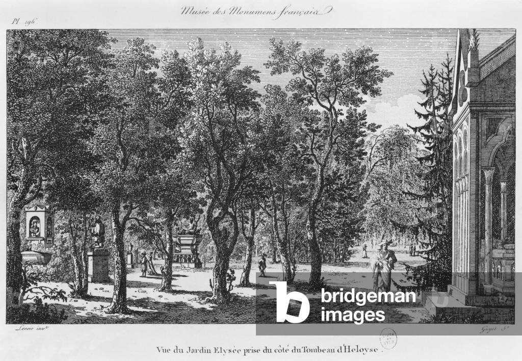 Musee des Monuments Francais, Paris, view of the Jardin Elysee from the tomb of Heloise and Abelard, engraved by Laurent Guyot (1756-1806) (engraving)
