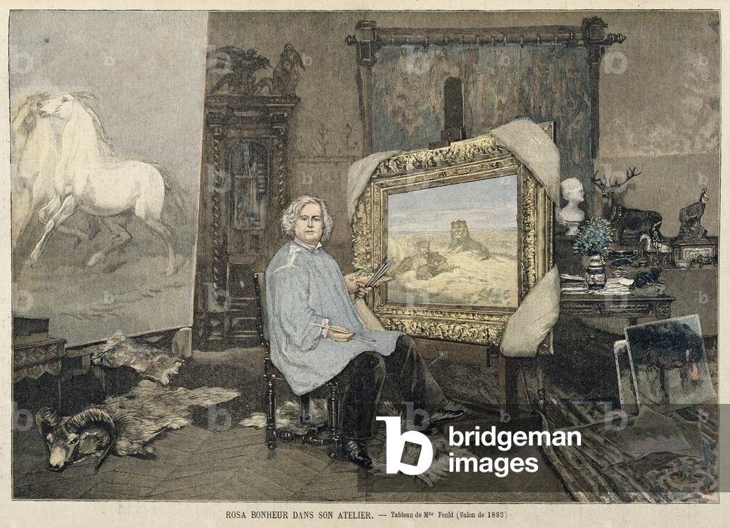 Rosa Bonheur (1822-99) in her studio, from 'Le Petit Journal', 3rd June 1893 (coloured engraving)