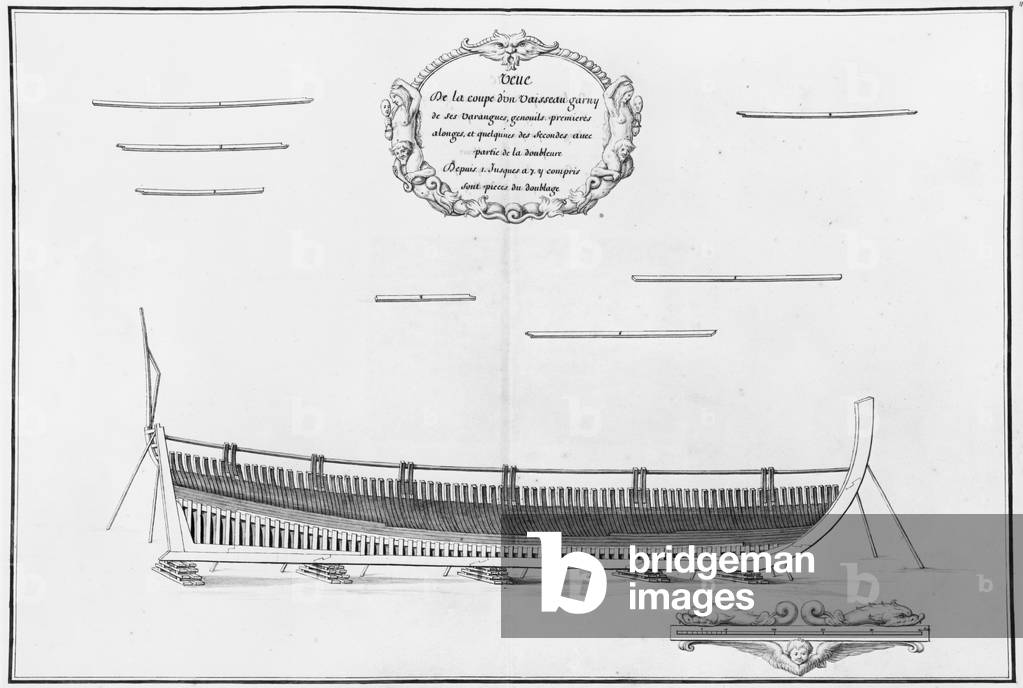Cross-section of a vessel with its floor plates, illustration from the 'Atlas de Colbert', plate 11 (pencil & watercolour on paper)