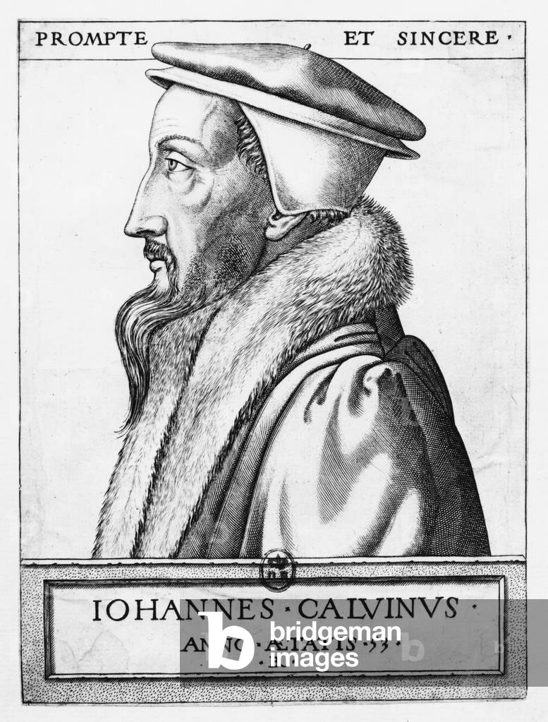 Portrait of John Calvin (1509-64) aged 53, 1564 (engraving) (b/w photo)