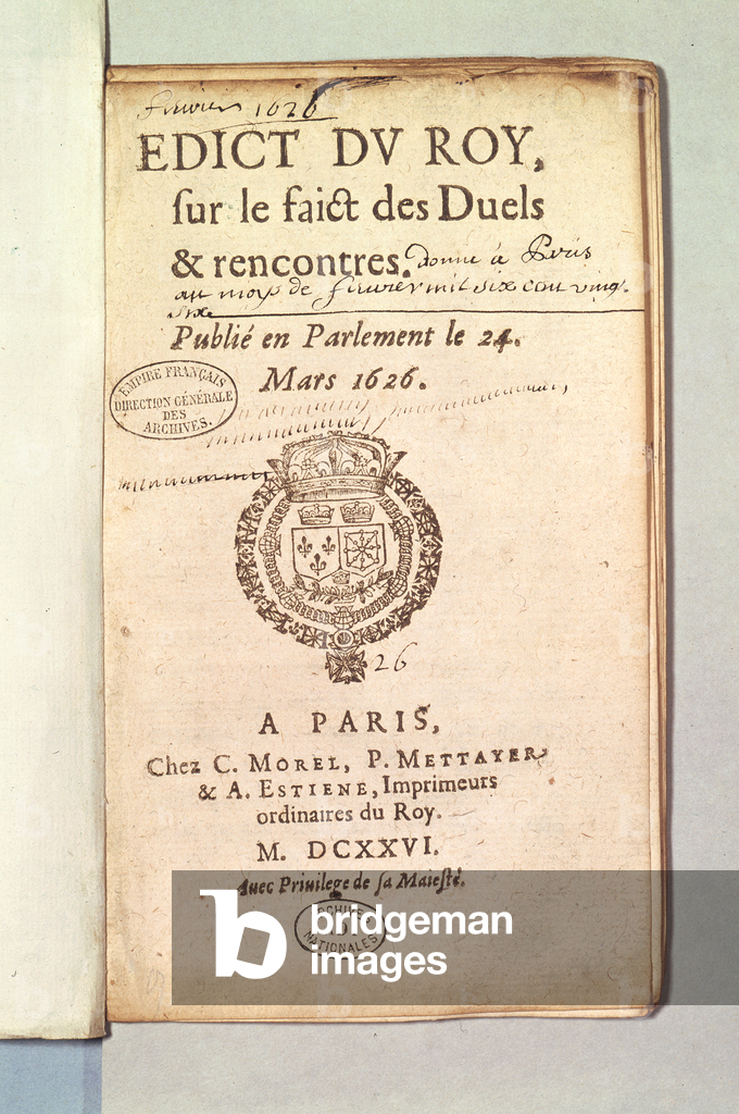 Frontispiece from 'Edict du Roy sur le Faict des Duels et Rencontres', March 1626 (print)