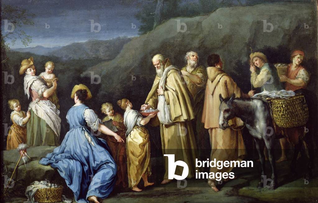Young Girl Offering Eggs to a Group of Monks (oil on copper)