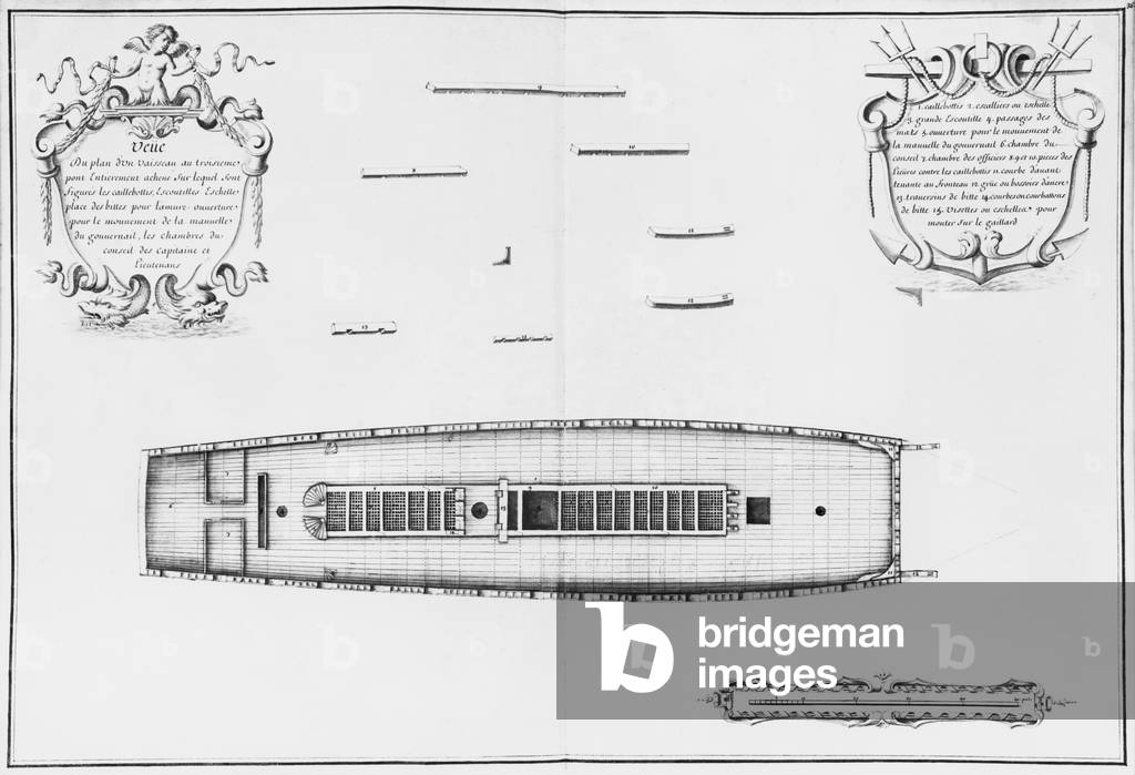 Plan of a vessel with an entirely completed third deck, illustration from the 'Atlas de Colbert', plate 36 (pencil & w/c on paper) (b/w photo)
