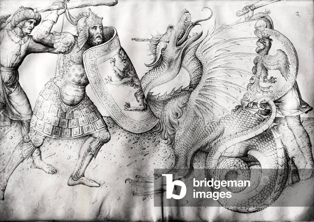 Immagine di Disegno "Battaglia tra guerrieri e un drago", 1450 di Jacopo Bellini