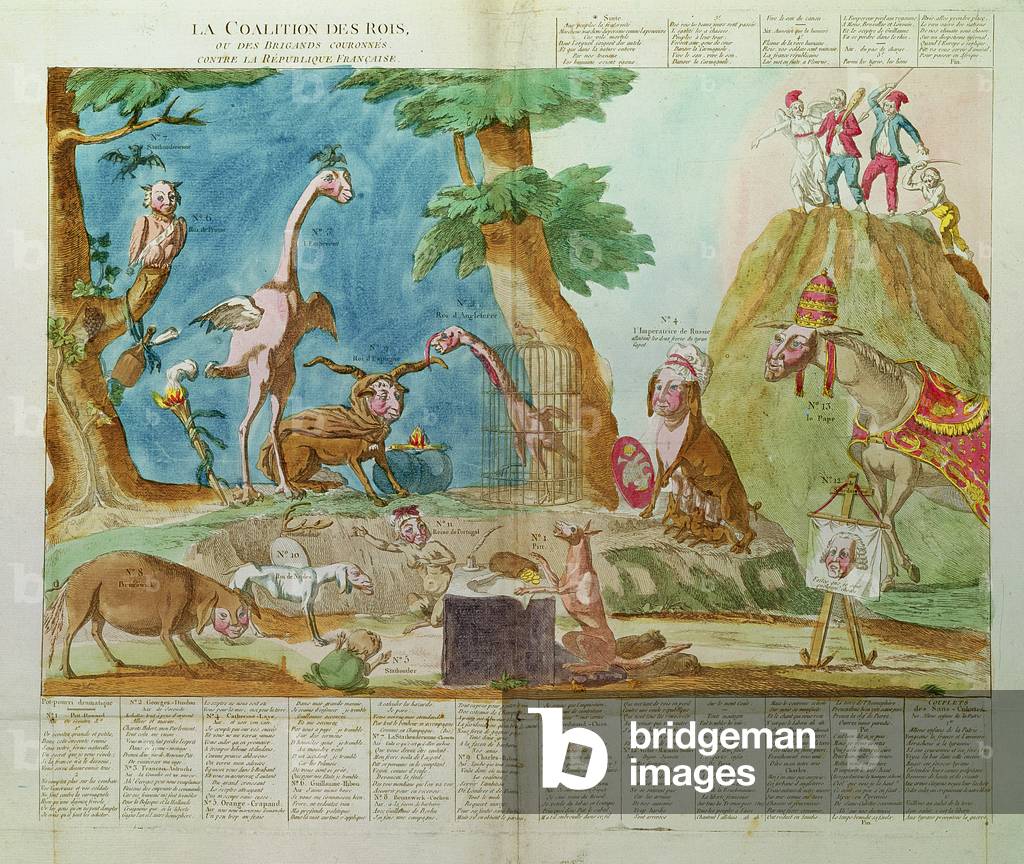 Caricature of the Coalition of Kings or the Crowned Brigands against the French Republic, 19th century (coloured engraving)