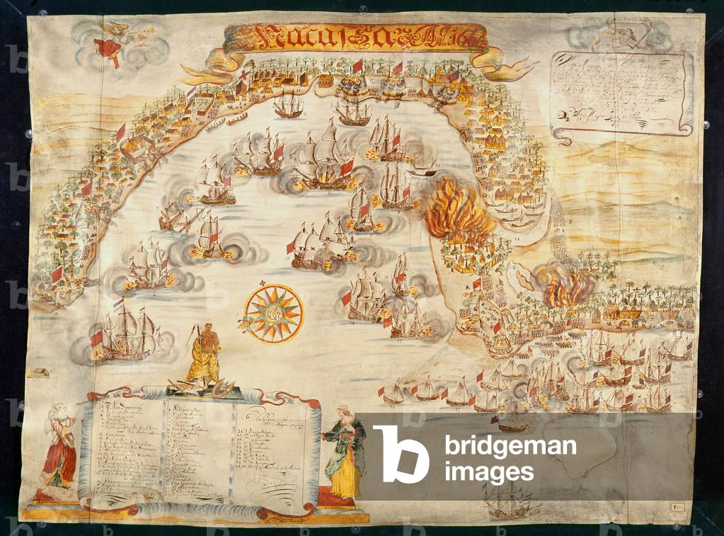 The city of Makassar, held by the Portuguese and taken by the Dutch in 1660 (engraving)