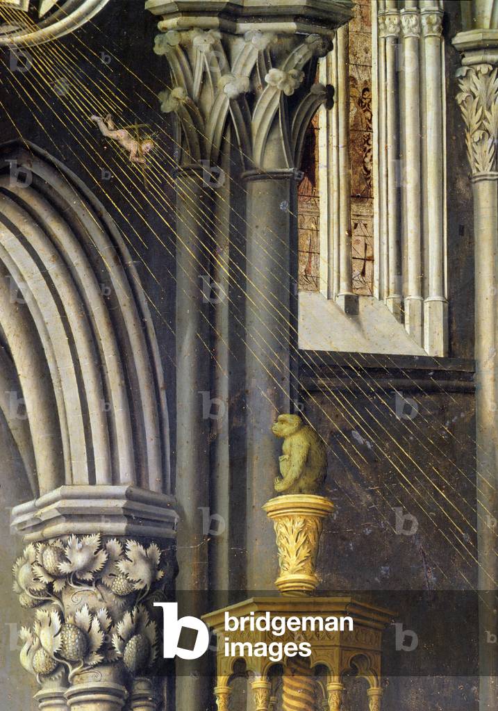 The baby Jesus falls from God the Father in heaven in a ray of light. c.1445 (oil on panel) (detail of 26541)
