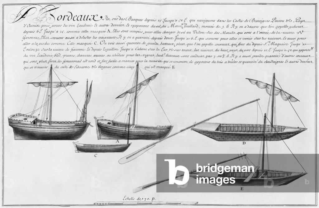 Small boats, Bordeaux, illustration from 'Desseins des differentes ways de Vaiseaux... depuis Nantes à la Bayonne', 1679 (pencil & w/c on paper) (b/w photo)