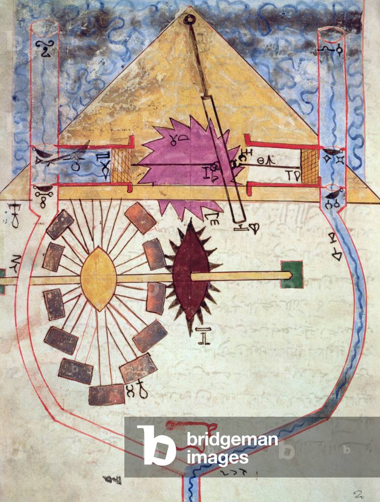 Water Pump, from 'Book of Knowledge of Ingenious Mechanical Devices' by Al-Djazari, 1206 (vellum)