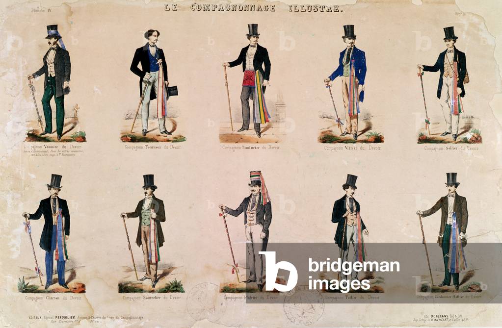 Costumes of various professions, from 'Le Compagnonnage Illustre' (coloured engraving)