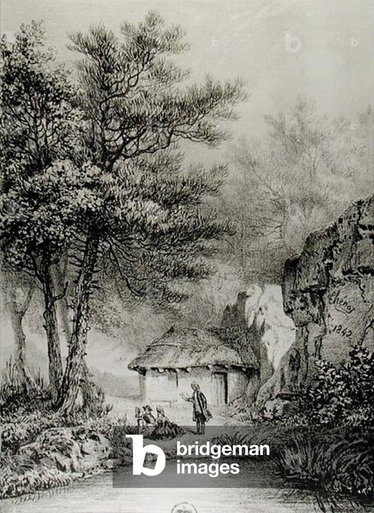 Jean-Jacques Rousseau's (1712-78) Cabin at Ermenonville, 1842 (lithograph) (b/w photo)