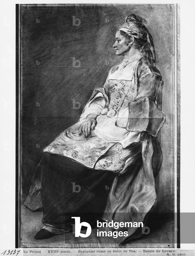 Ragazza contadina russa in costume tradizionale per i giorni di festa (pierre noire, pastello, creta e rifless