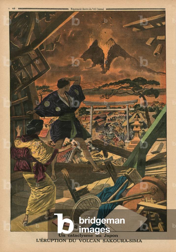 A cataclysm in Japan, Eruption of the Sakura-jima volcano, back cover illustration from 'Le Petit Journal', supplement illustre, 1st February 1914 (lithograph)