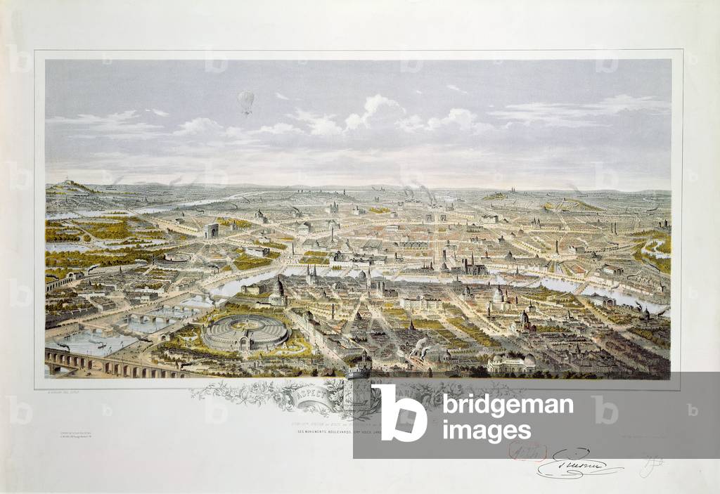 View of Paris from Bois de Boulogne, during the Universal Exhibition in 1867 (colour engraving)