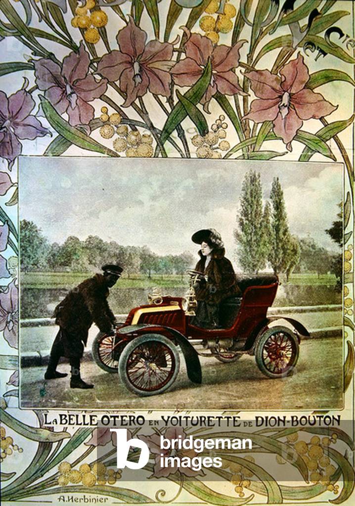 La Belle Otero at the wheel of a De Dion-Bouton car, c.1900 (lithograph)