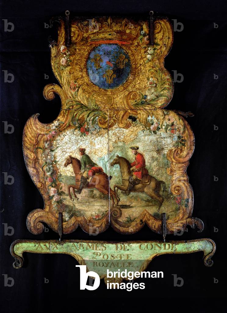 Sign for the Royal Mail of Chantilly with the Conde coat of arms (painted metal)